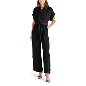 Steve Madden Black Tori Tie Waist Wide Leg Satin Jumpsuit Size XS